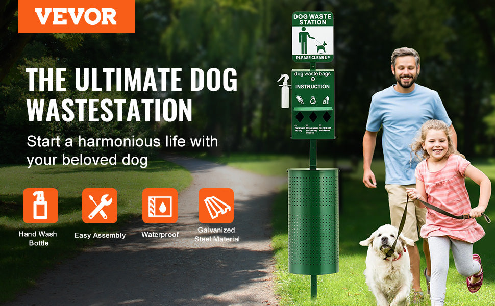 VEVOR Commercial Dog Waste Station with Hand Wash Bottle – Outdoor Pet Waste Disposal System with Bag Dispenser & Trash Can