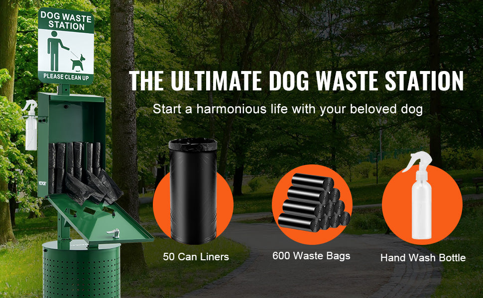 VEVOR Commercial Dog Waste Station with Hand Wash Bottle – Outdoor Pet Waste Disposal System with Bag Dispenser & Trash Can