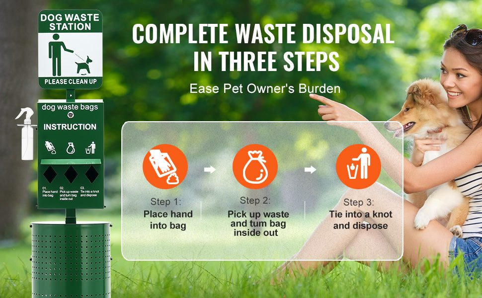 VEVOR Commercial Dog Waste Station with Hand Wash Bottle – Outdoor Pet Waste Disposal System with Bag Dispenser & Trash Can