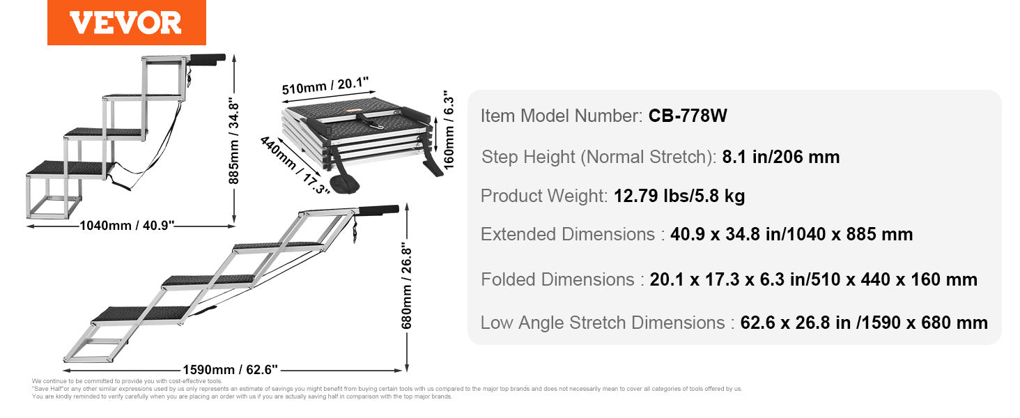 VEVOR 4-Step Dog Car Stairs – Wide Folding Aluminum Pet Steps for SUV, Truck, and Car | Portable, Lightweight & Supports Up to 150 lbs