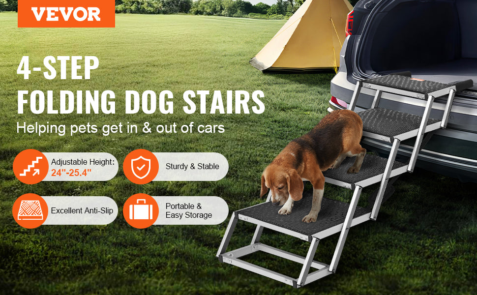 VEVOR 4-Step Dog Car Stairs – Wide Folding Aluminum Pet Steps for SUV, Truck, and Car | Portable, Lightweight & Supports Up to 150 lbs