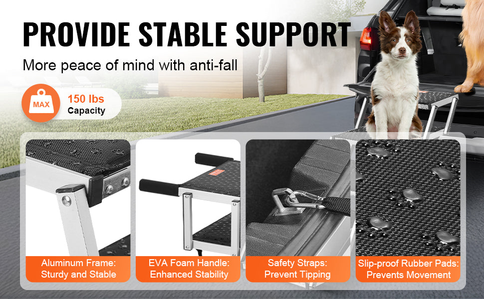 VEVOR 4-Step Dog Car Stairs – Wide Folding Aluminum Pet Steps for SUV, Truck, and Car | Portable, Lightweight & Supports Up to 150 lbs