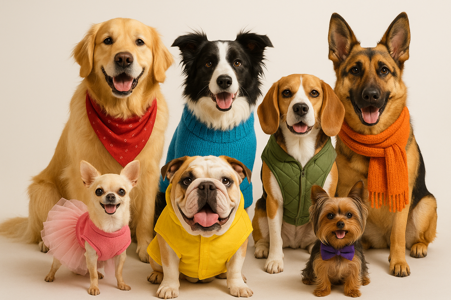 group of different breed dogs of different sizes each one wearing a different apparel