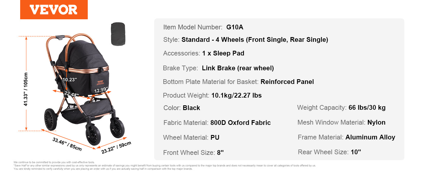 VEVOR Foldable Pet Stroller – 66 lbs Capacity with Brakes, Detachable Carrier & Storage Basket