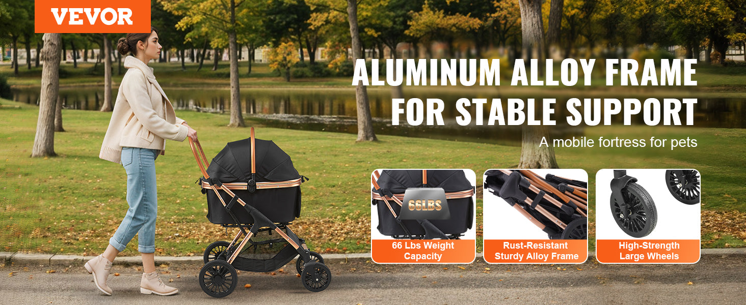 VEVOR Foldable Pet Stroller – 66 lbs Capacity with Brakes, Detachable Carrier & Storage Basket