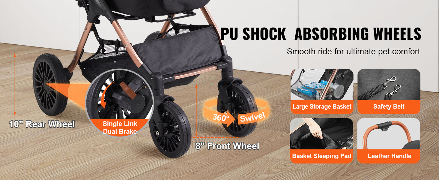 VEVOR Foldable Pet Stroller – 66 lbs Capacity with Brakes, Detachable Carrier & Storage Basket