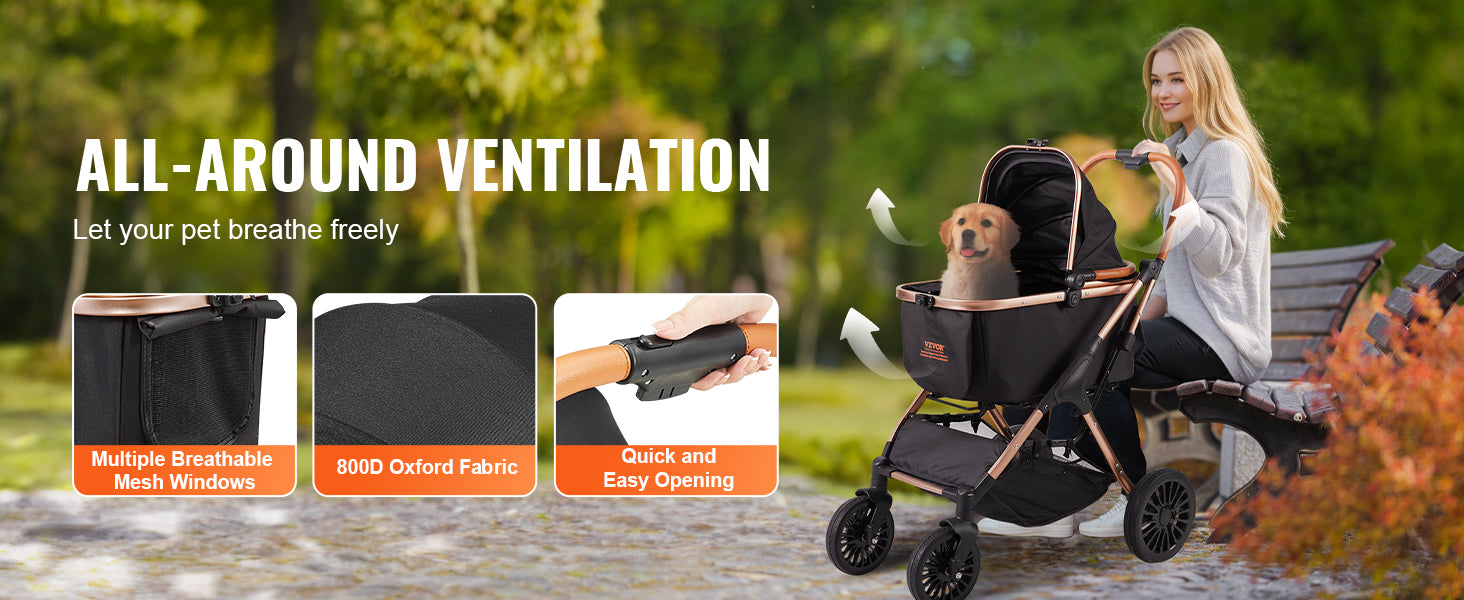 VEVOR Foldable Pet Stroller – 66 lbs Capacity with Brakes, Detachable Carrier & Storage Basket