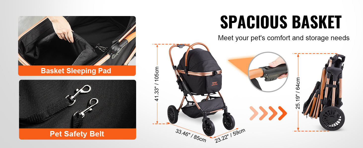 VEVOR Foldable Pet Stroller – 66 lbs Capacity with Brakes, Detachable Carrier & Storage Basket