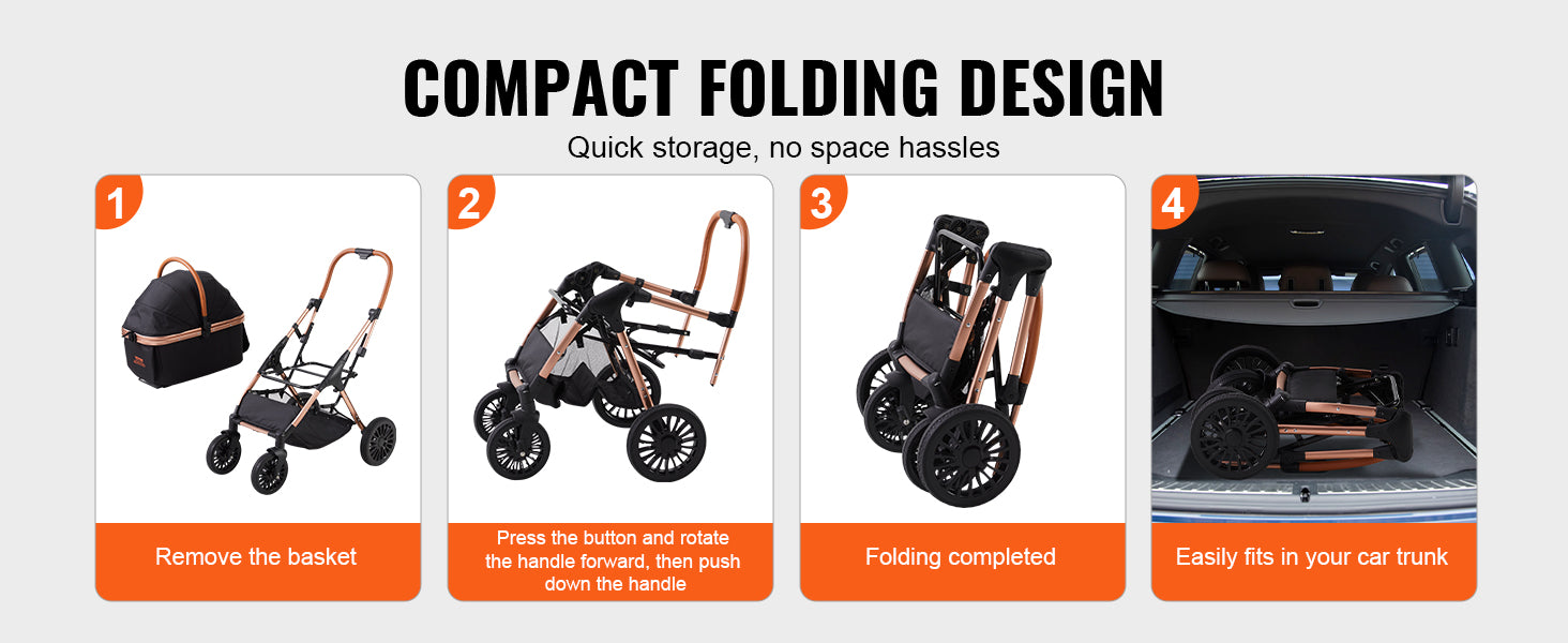 VEVOR Foldable Pet Stroller – 66 lbs Capacity with Brakes, Detachable Carrier & Storage Basket