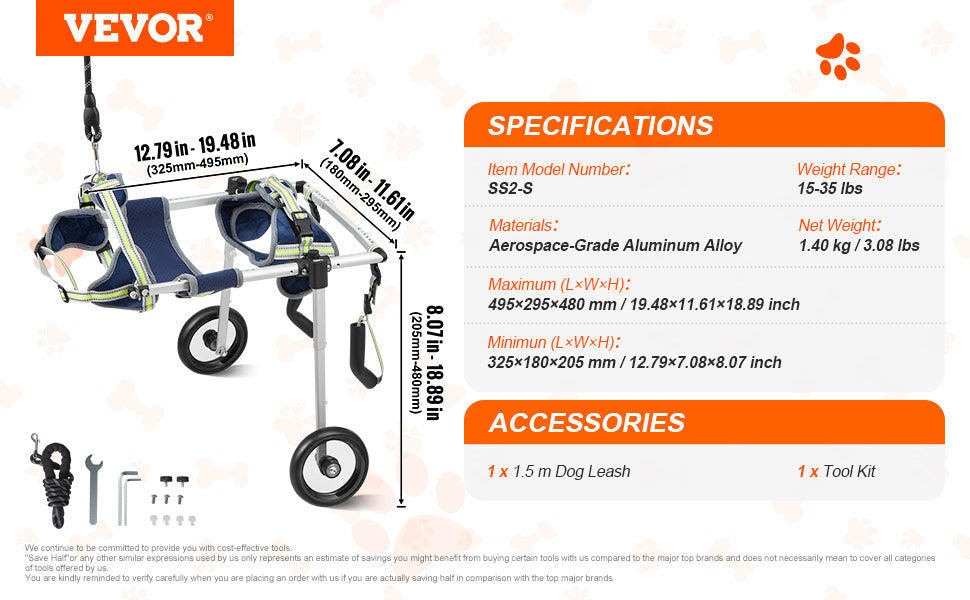 VEVOR 2-Wheel Dog Wheelchair for Back Legs – Adjustable Pet Mobility Cart for Injured, Disabled, or Paralyzed Dogs