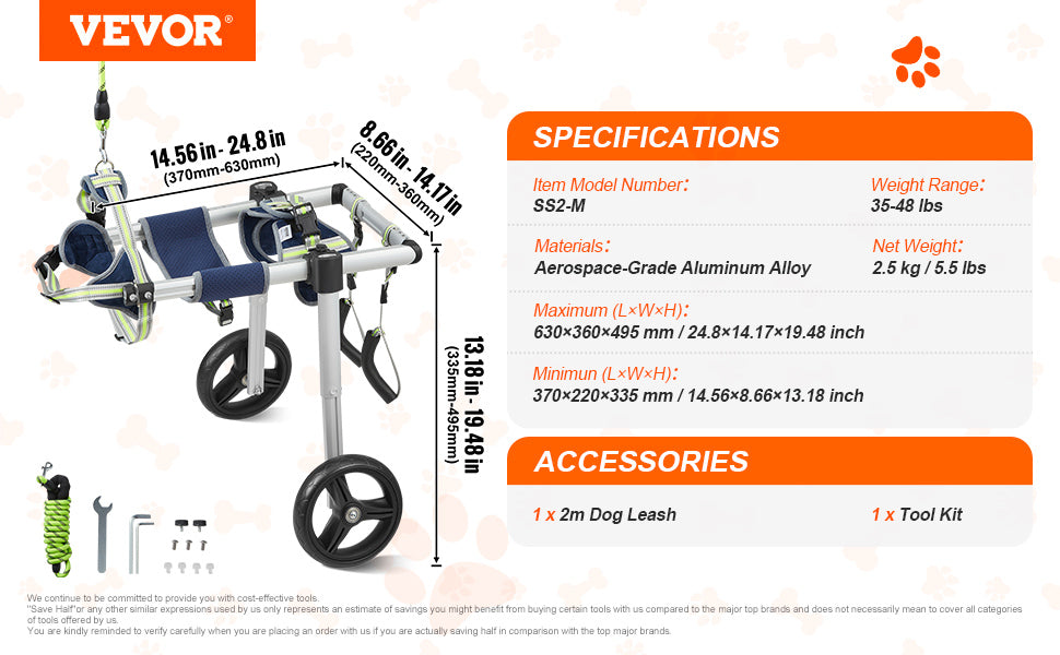 VEVOR 2-Wheel Dog Wheelchair for Back Legs – Adjustable Pet Mobility Cart for Injured, Disabled, or Paralyzed Dogs
