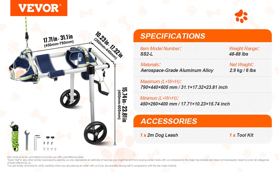 VEVOR 2-Wheel Dog Wheelchair for Back Legs – Adjustable Pet Mobility Cart for Injured, Disabled, or Paralyzed Dogs