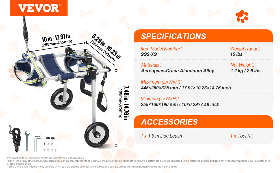 VEVOR 2-Wheel Dog Wheelchair for Back Legs – Adjustable Pet Mobility Cart for Injured, Disabled, or Paralyzed Dogs