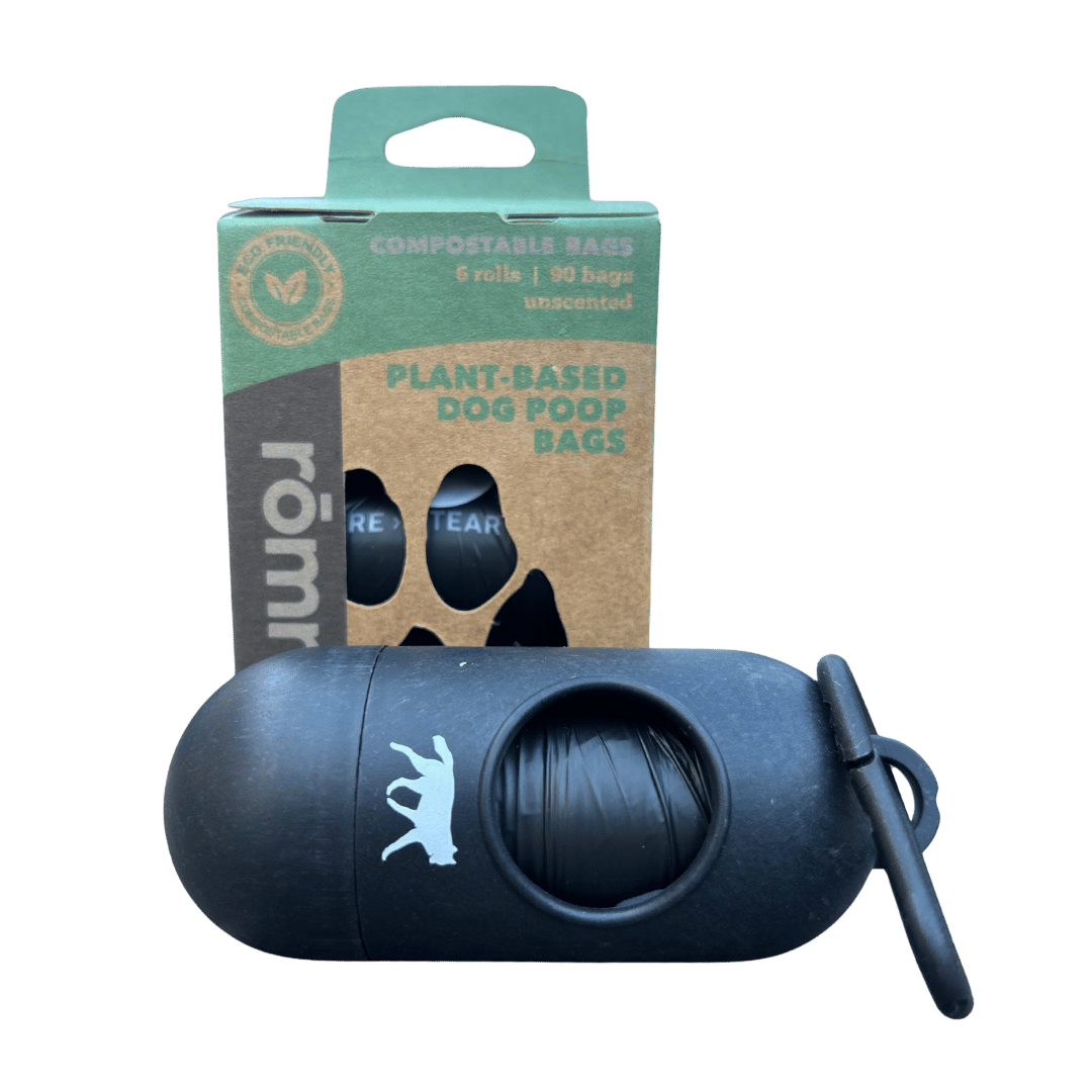 compostable plant-based dog poop bags + bamboo dispenser